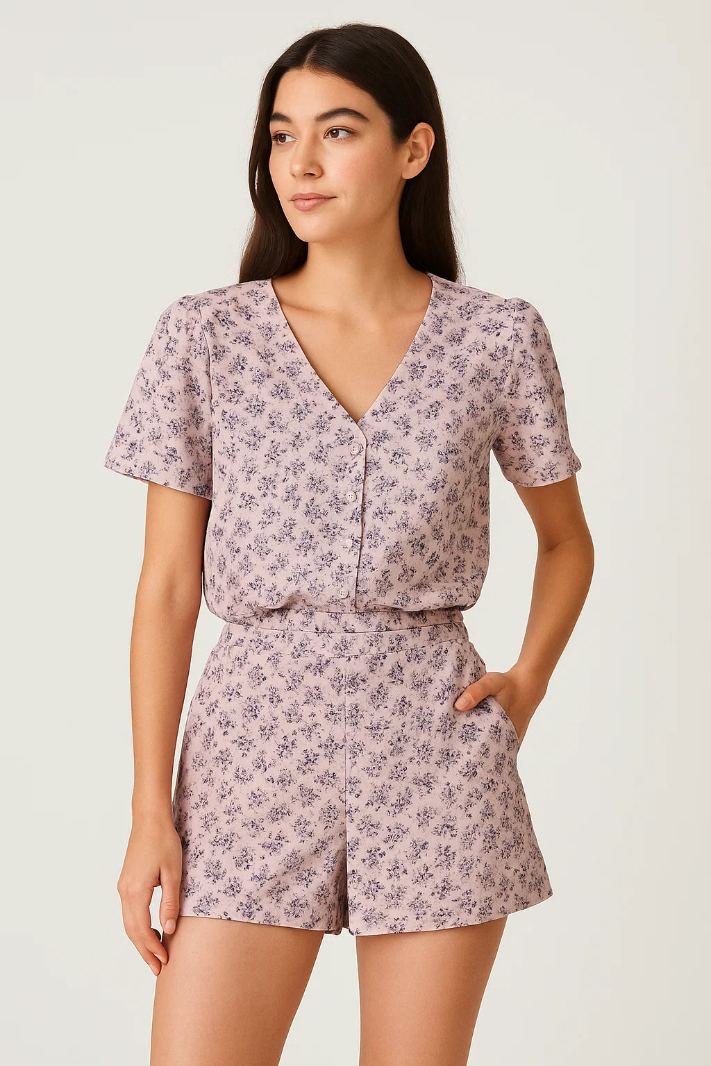 Tiny Blue Leaves With Flower Digital Printed Fabric - Weightless