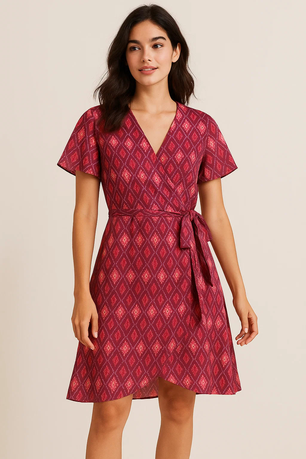 Classic Multi Pattern Ikat Pink Colour Digital Printed Fabric - Weightless