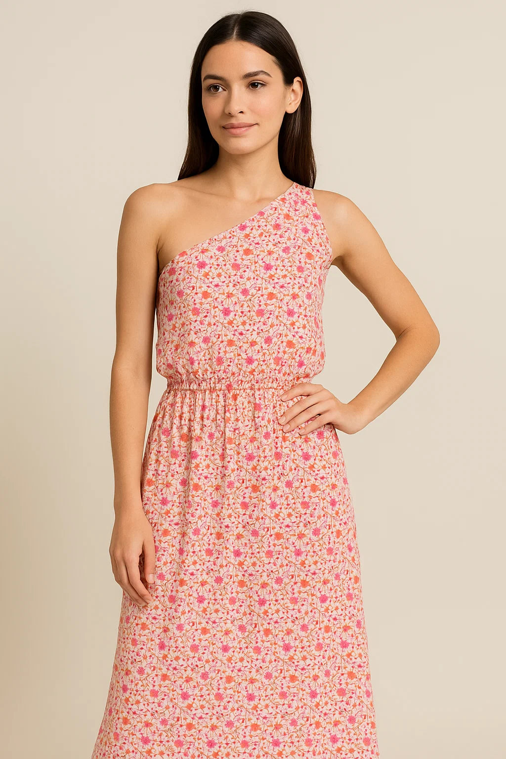 Art Nouveau Pink And Orange Flower Digital Printed Fabric - Weightless