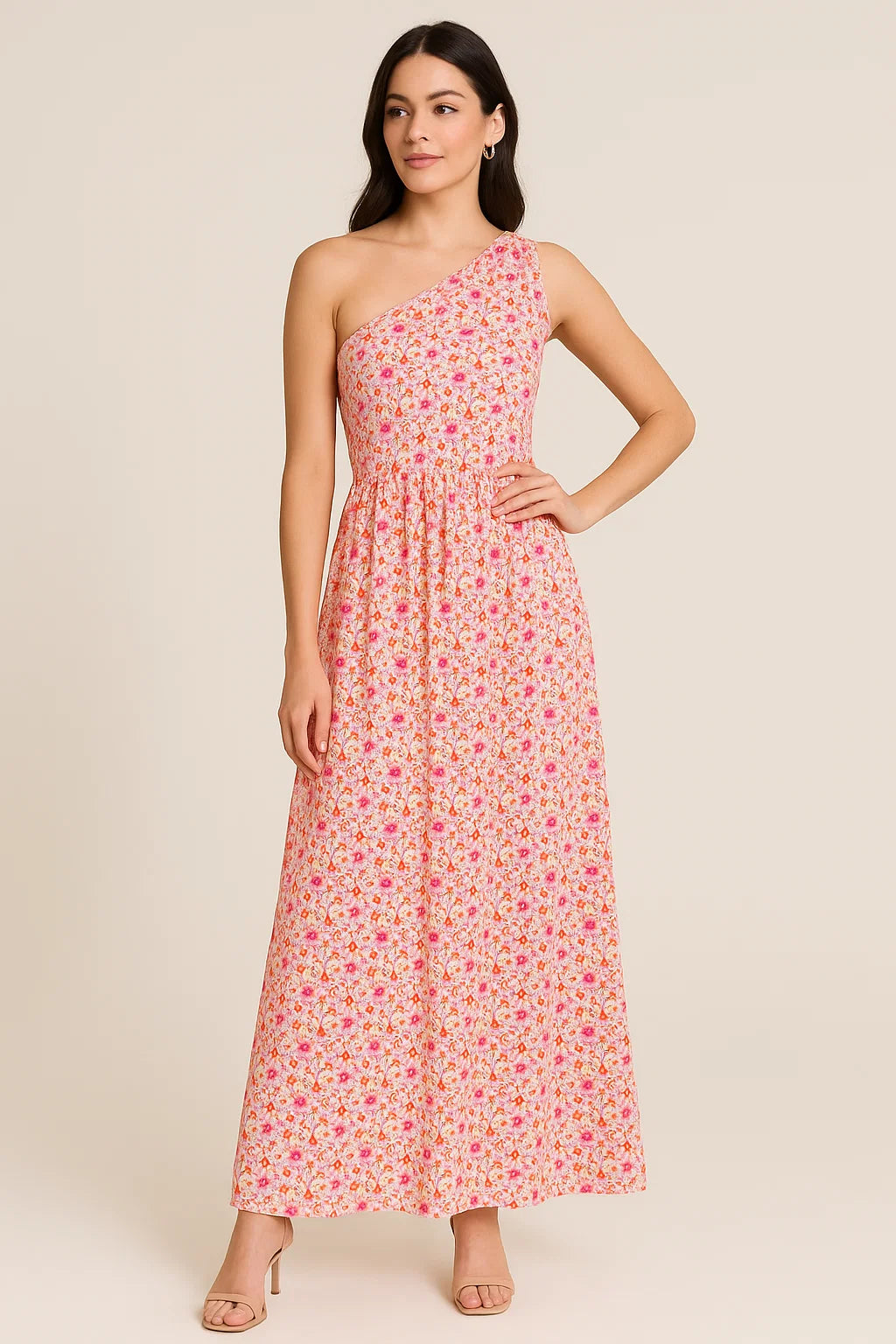 Art Nouveau Pink And Orange Flower Digital Printed Fabric - Weightless