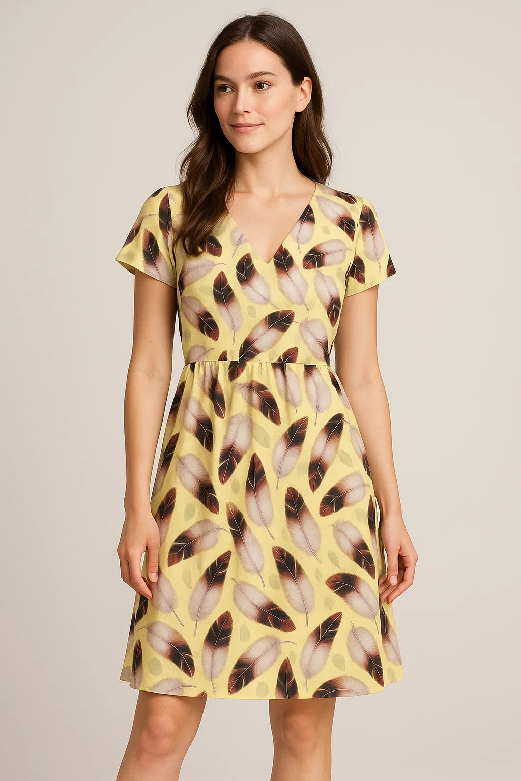 Brown Feather With pastel Yellow Background Digital Printed Fabric - Weightless