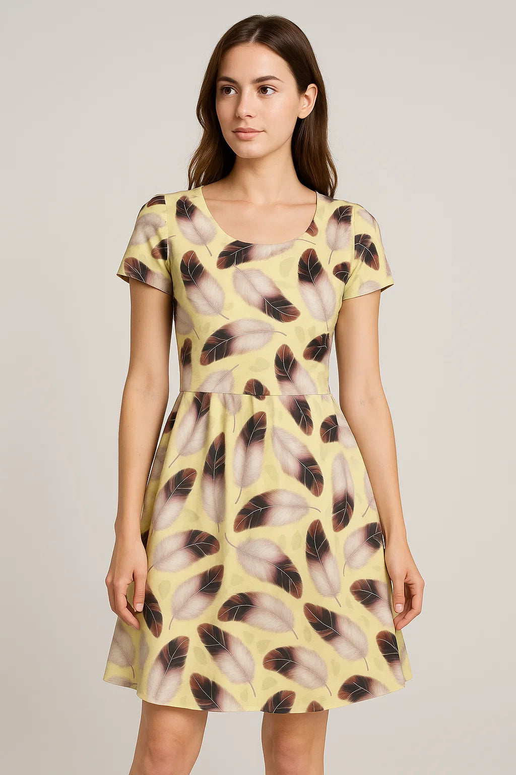 Brown Feather With pastel Yellow Background Digital Printed Fabric - Weightless