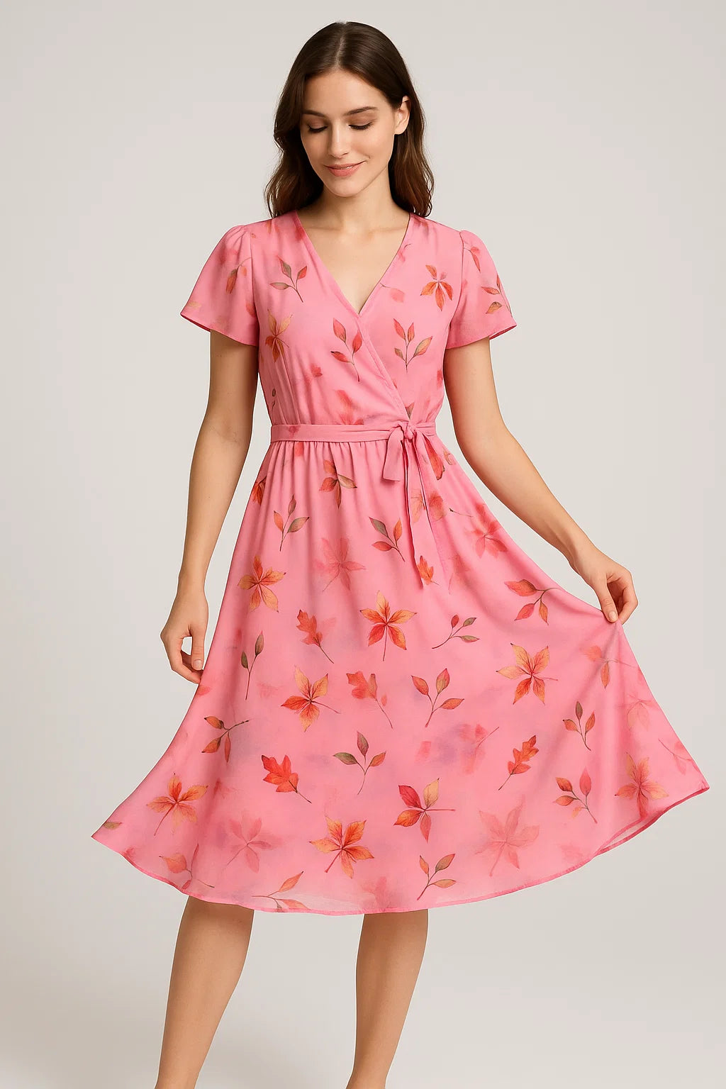 Attractive Multicolour Leaves With Pink Background Digital Printed Fabric - Weightless