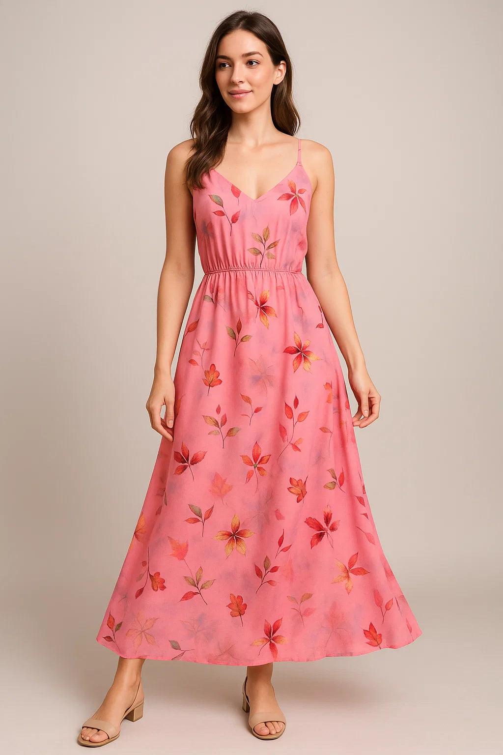 Attractive Multicolour Leaves With Pink Background Digital Printed Fabric - Weightless