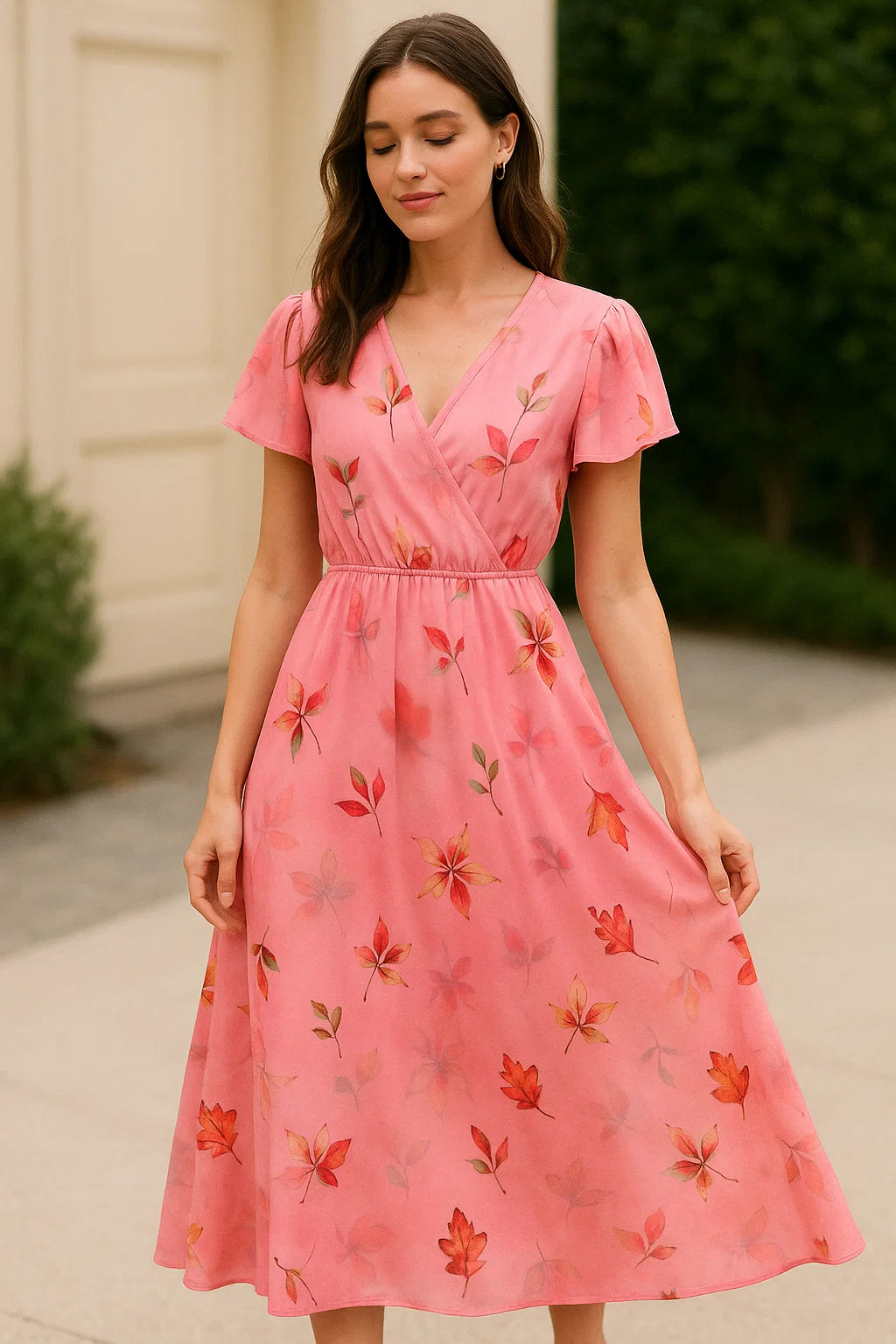 Attractive Multicolour Leaves With Pink Background Digital Printed Fabric - Weightless