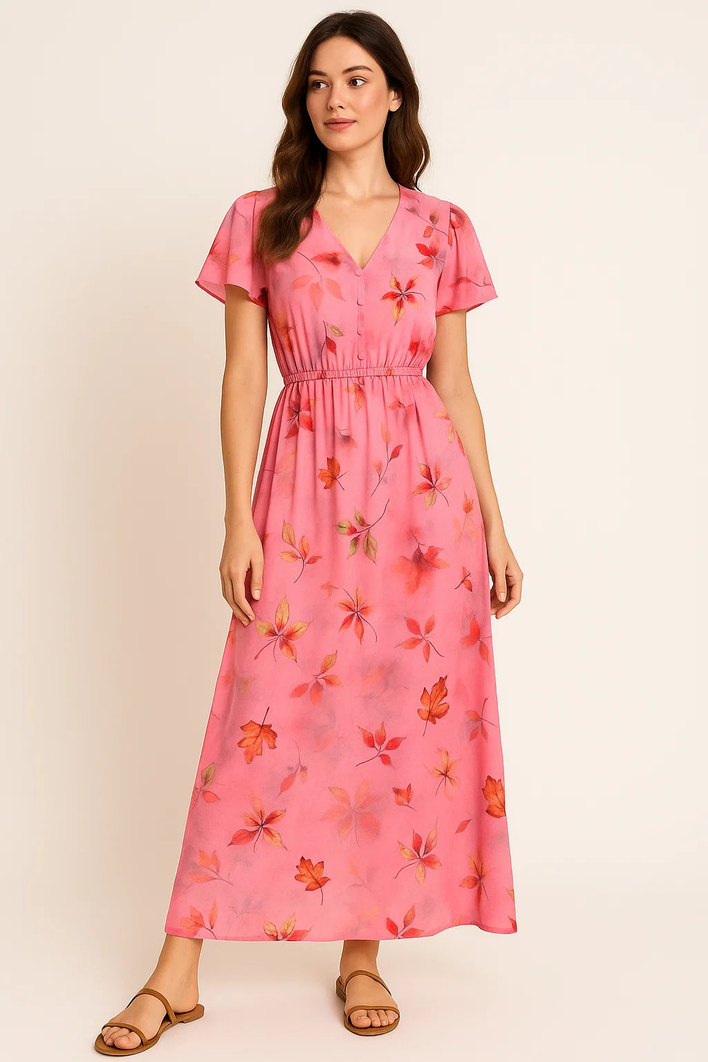 Attractive Multicolour Leaves With Pink Background Digital Printed Fabric - Weightless