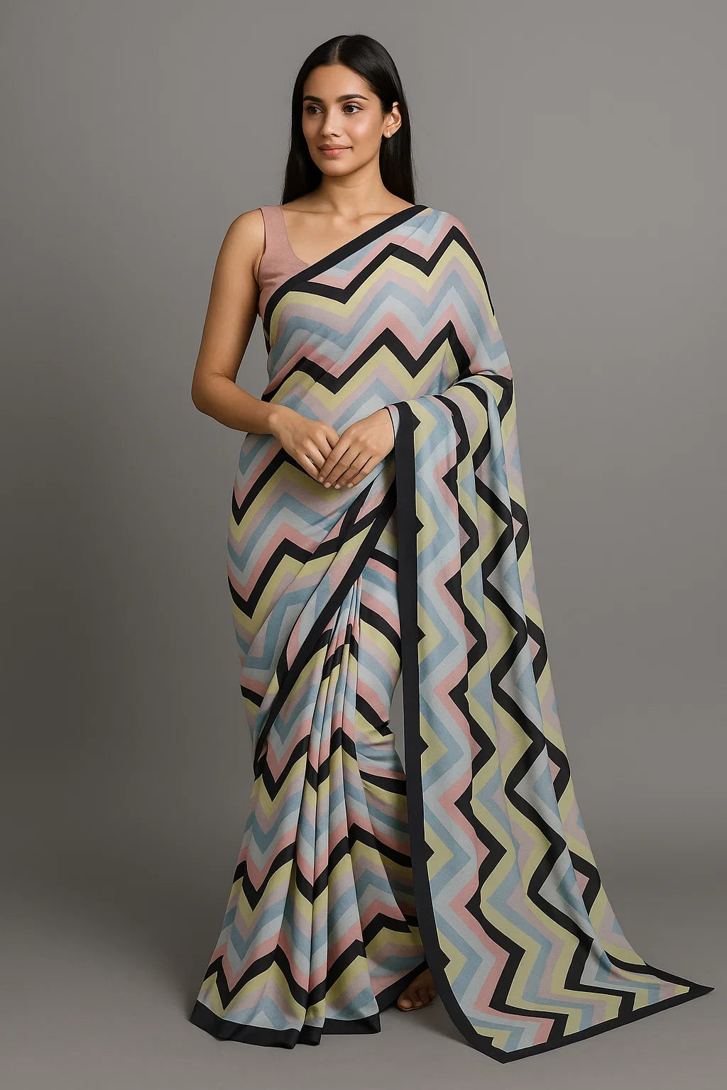 Trending Multicolor Zigzag Digital Printed Fabric - Weightless