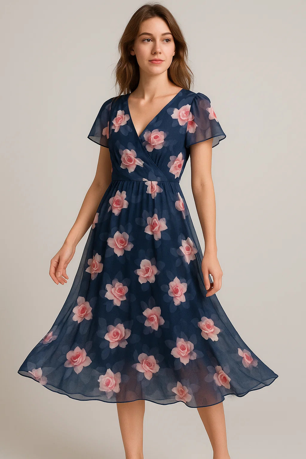 Valvet Blue Background With Creamy Roses Digital Printed Fabric - Weightless