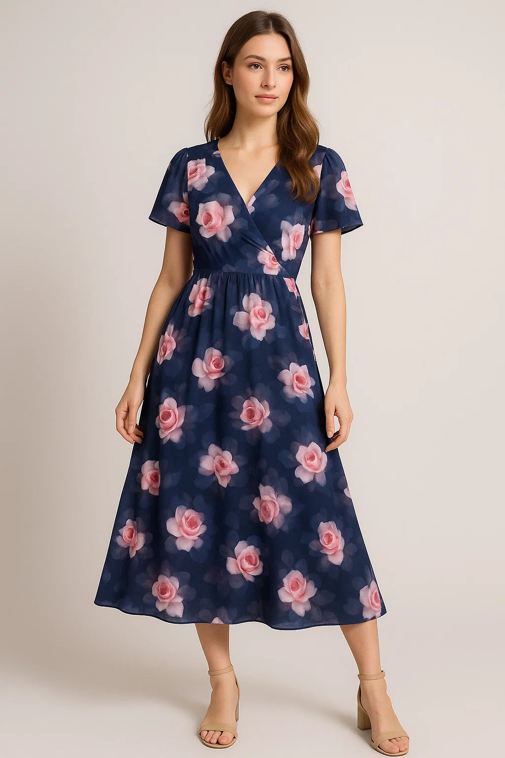 Valvet Blue Background With Creamy Roses Digital Printed Fabric - Weightless