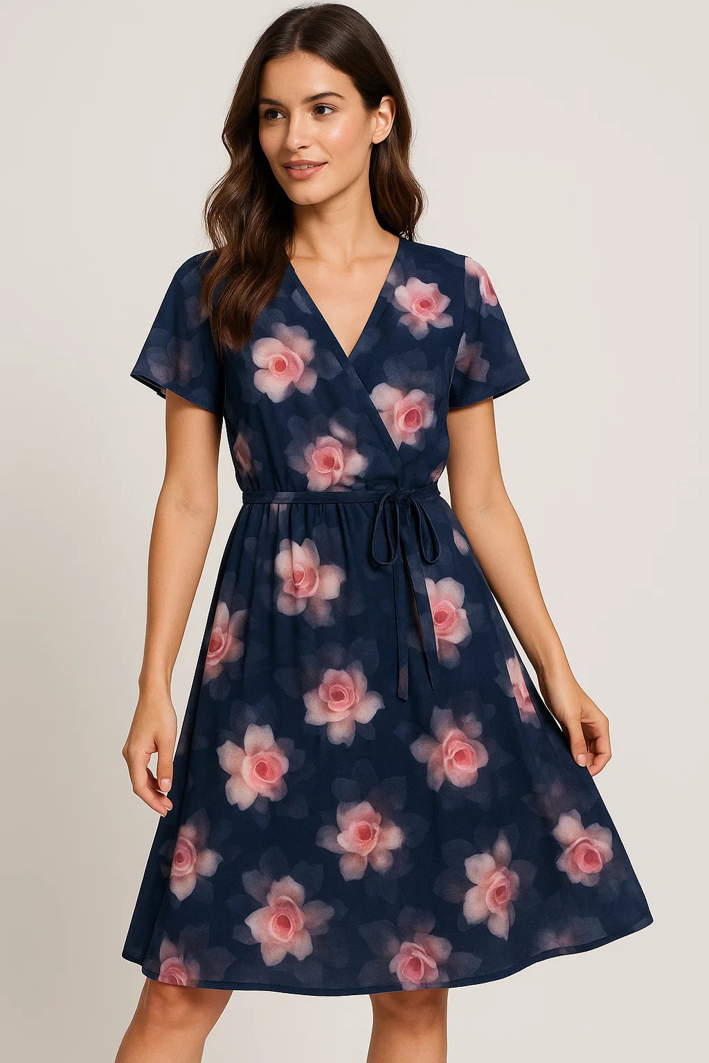 Valvet Blue Background With Creamy Roses Digital Printed Fabric - Weightless