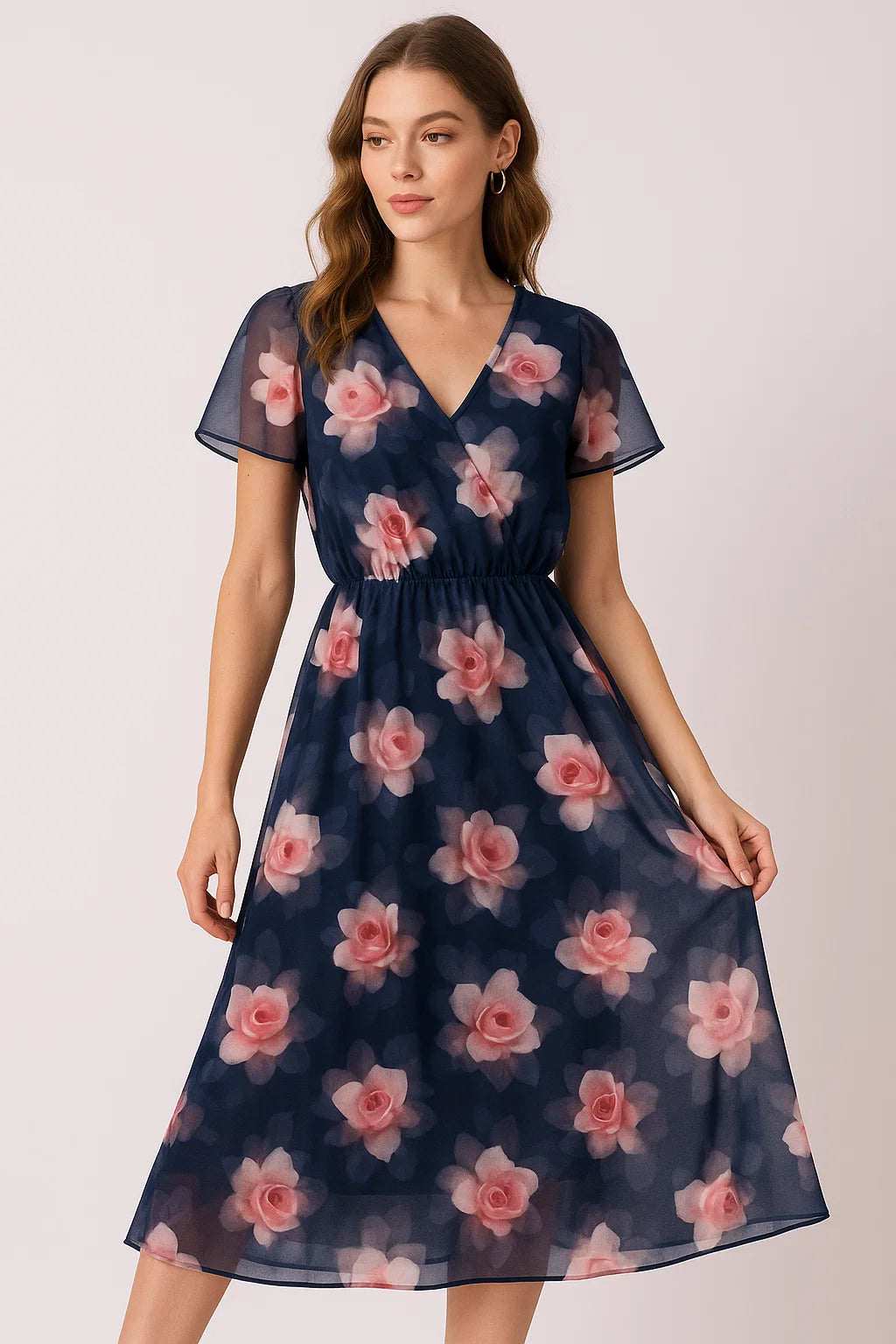 Valvet Blue Background With Creamy Roses Digital Printed Fabric - Weightless