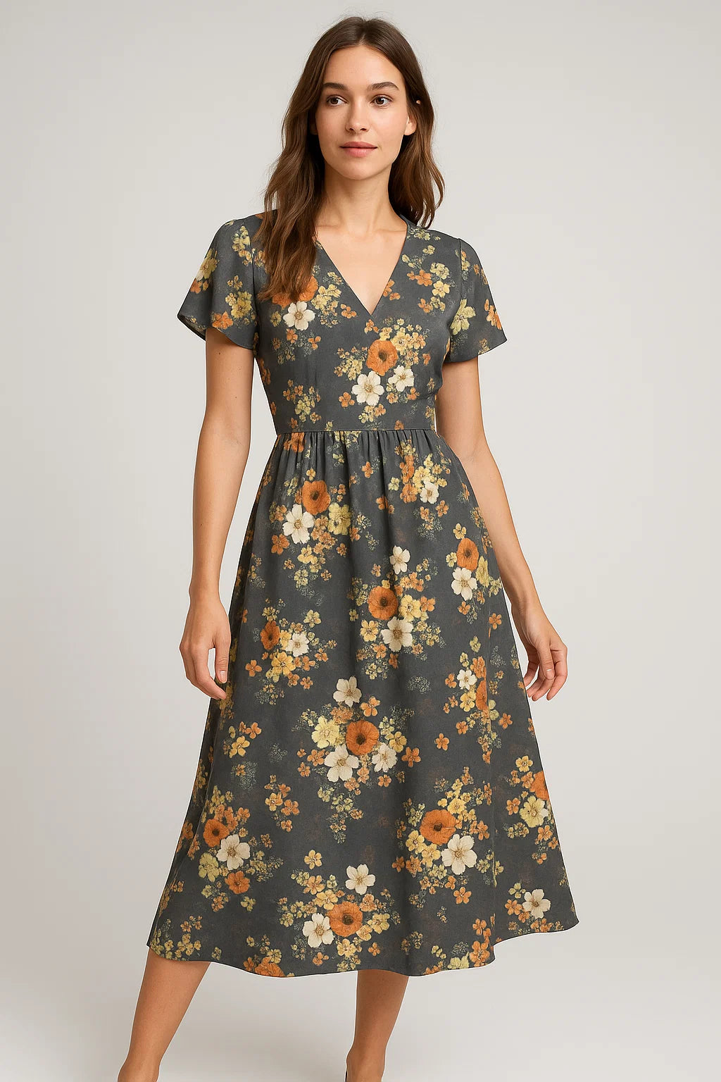 Multicolour Orchid Flower With Grey Background Digital Printed Fabric - Weightless