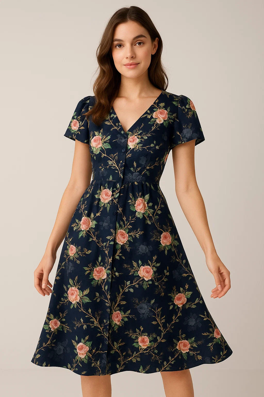 Colourful Roses With Multicolour Branch Digital Printed Fabric - Weightless