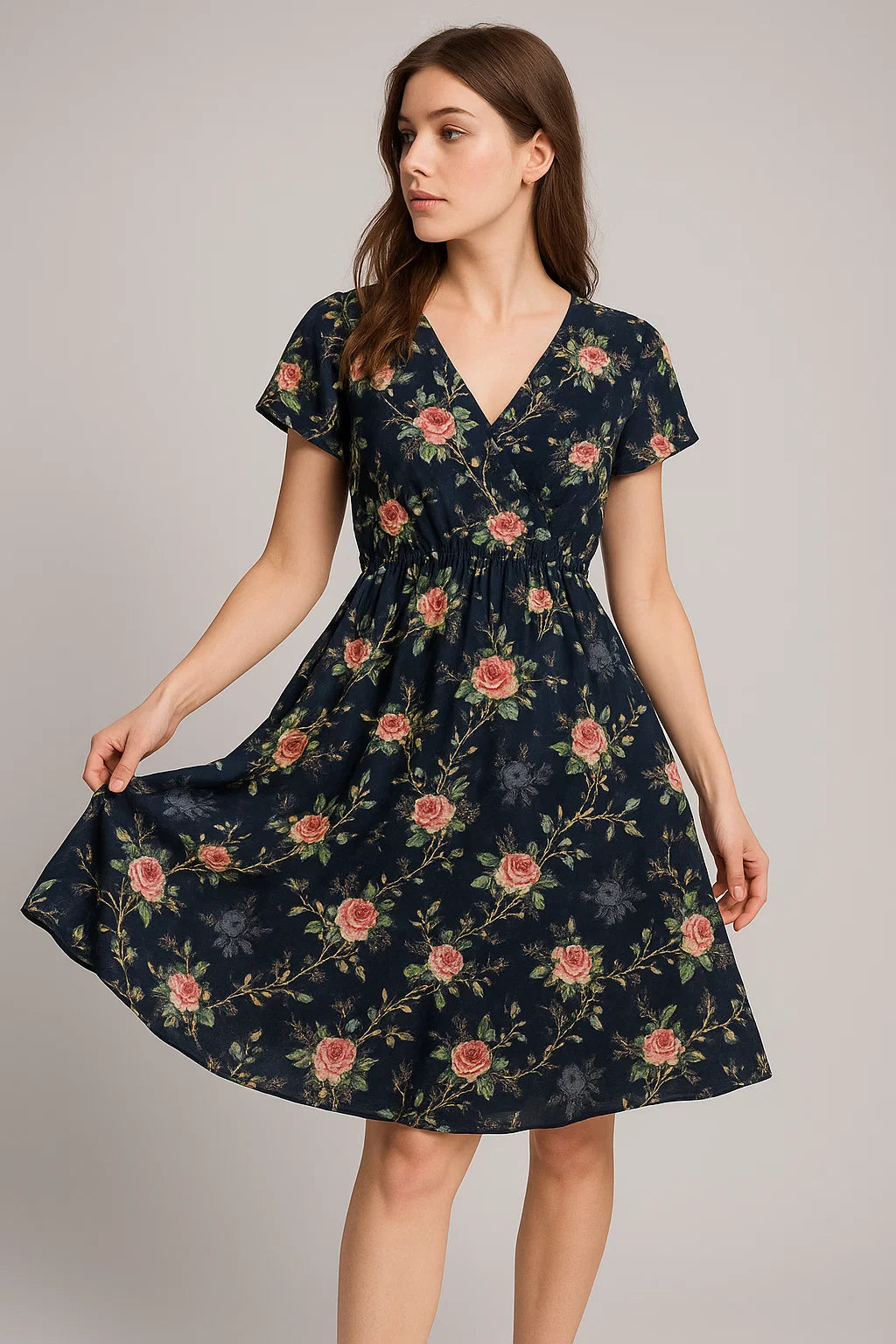 Colourful Roses With Multicolour Branch Digital Printed Fabric - Weightless