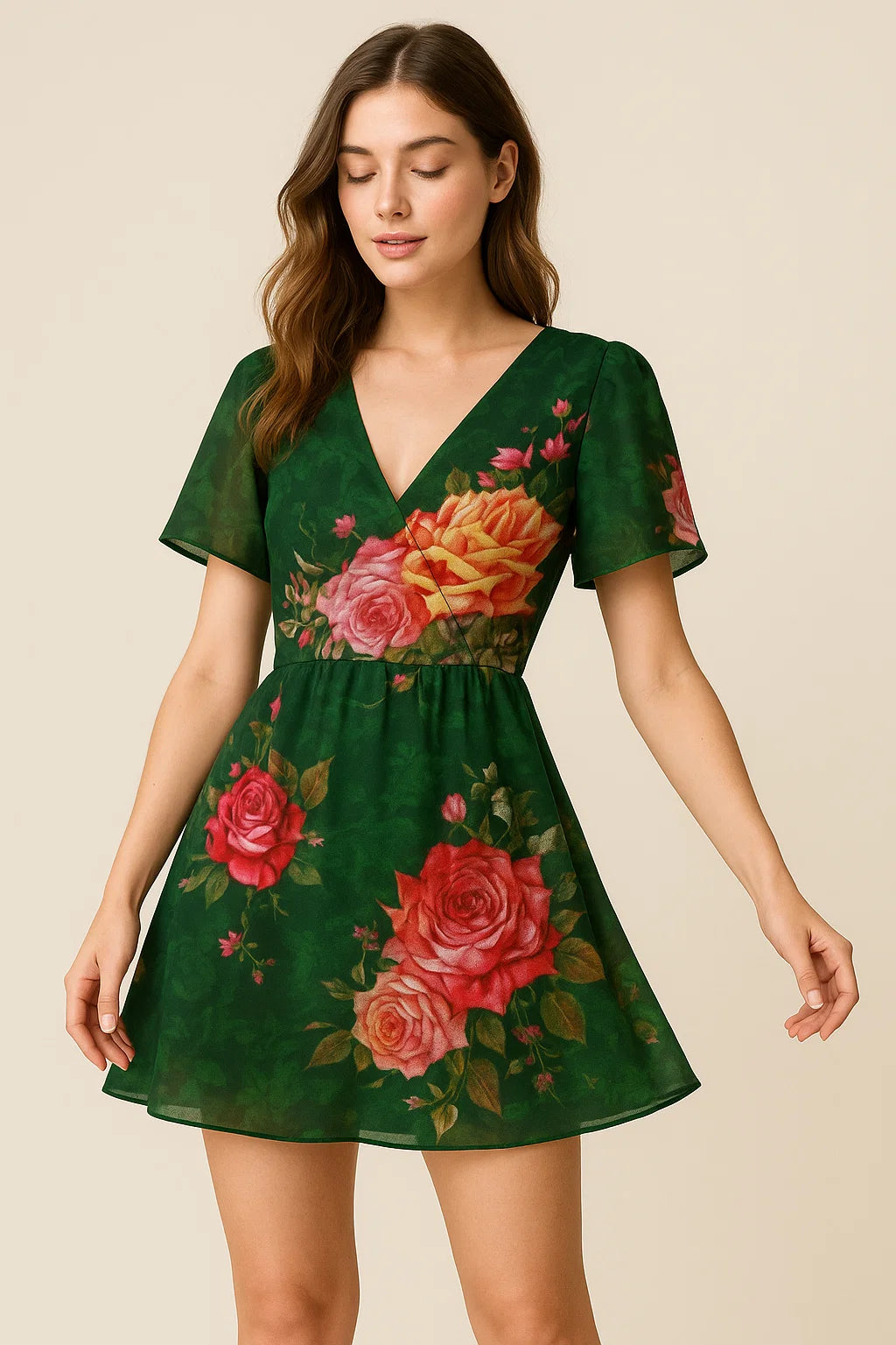 Beautiful Roses With Leaves Digital Printed Fabric - Weightless