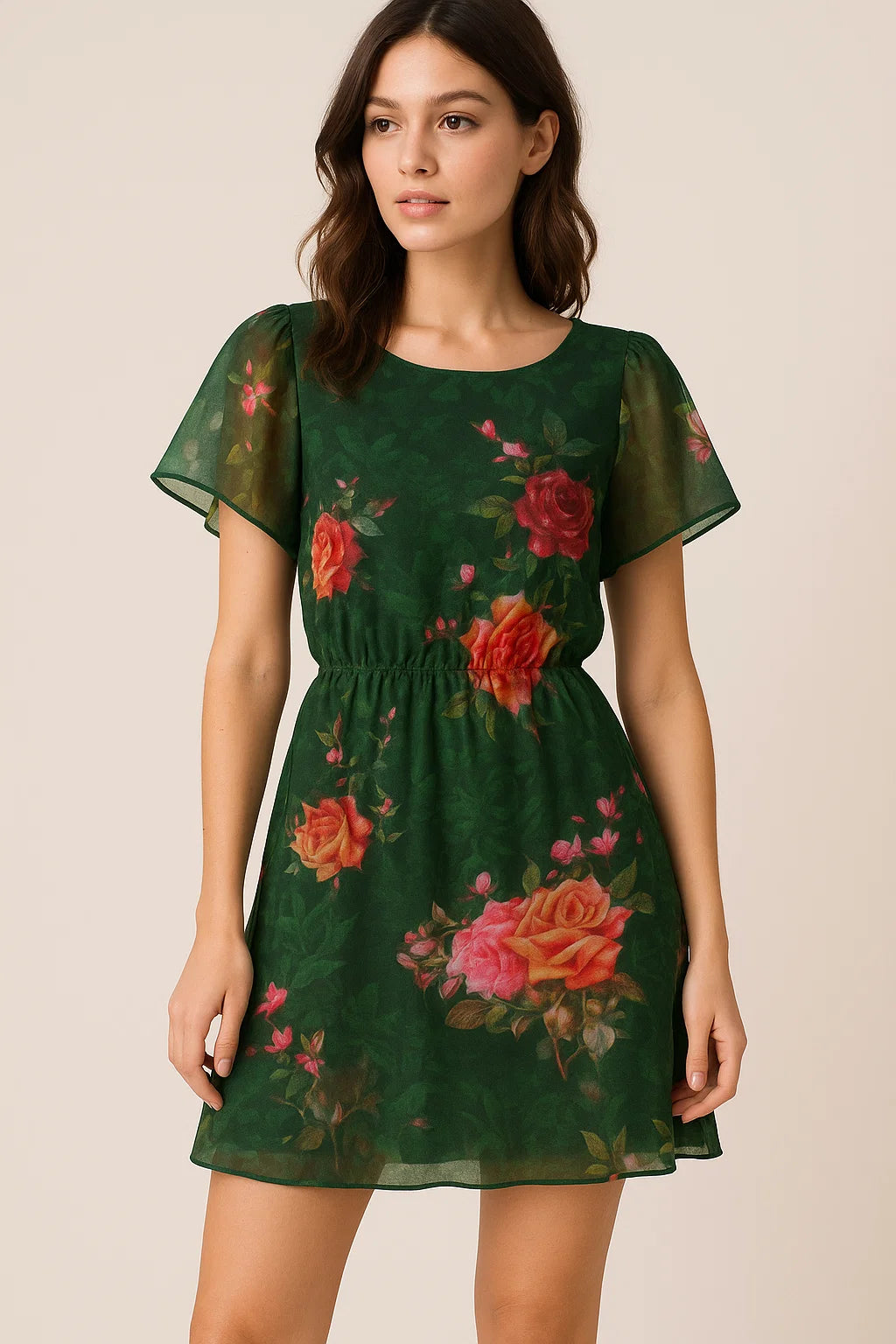 Beautiful Roses With Leaves Digital Printed Fabric - Weightless