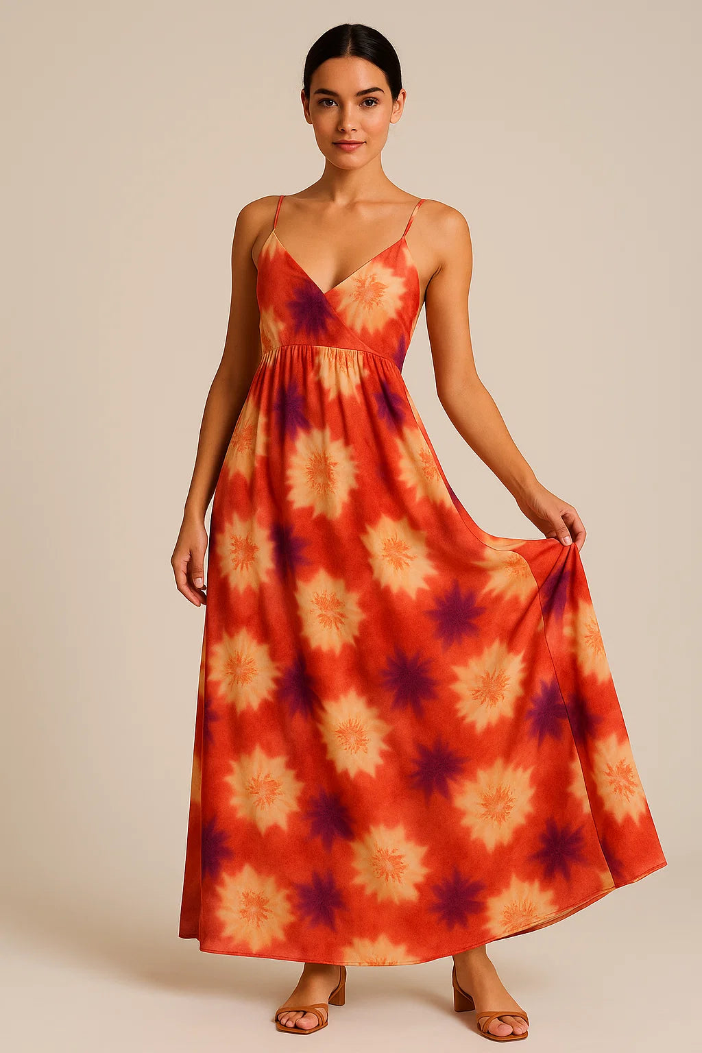 Spotted Orange And Purple Flower Digital Printed Fabric - Weightless