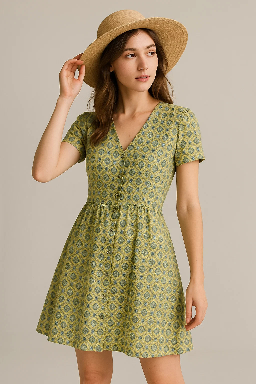 Attractive Tiny Green Link Flower Digital Printed Fabric - Weightless