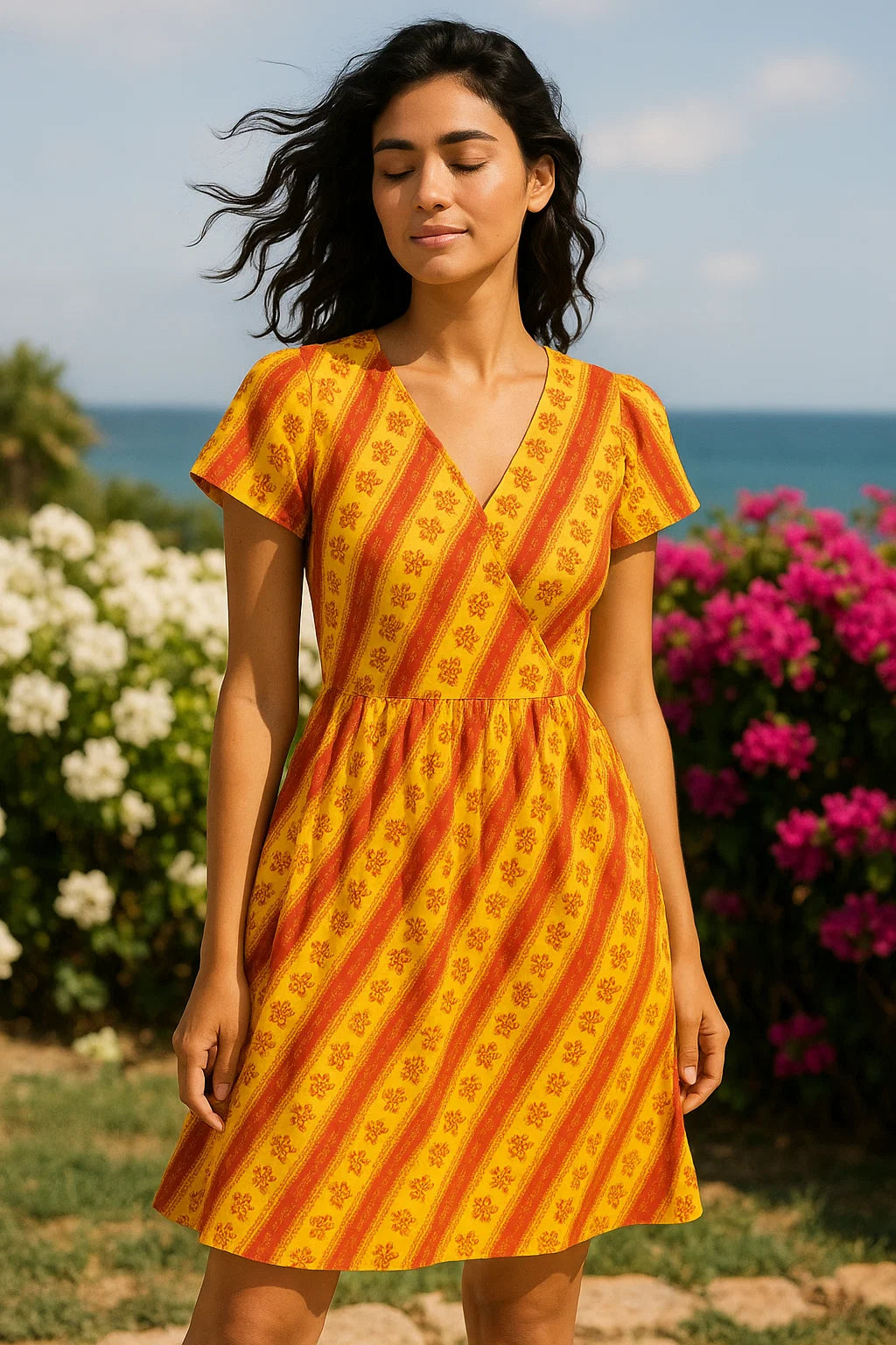 Tiny Red And Yellow Doted Flower Digital Printed Fabric - Weightless