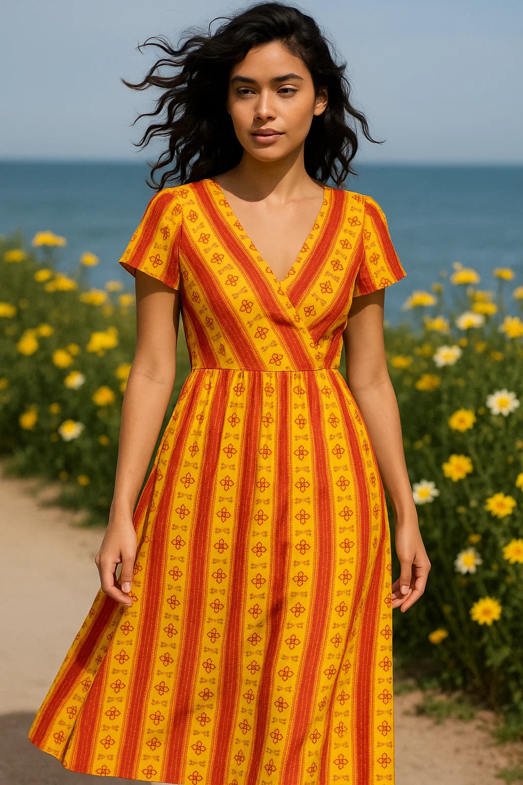 Tiny Red And Yellow Doted Flower Digital Printed Fabric - Weightless