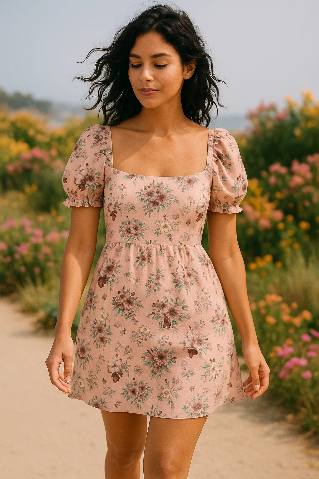 Multi Flower Bunch And Linear Leafs Digital Printed Fabric - Weightless