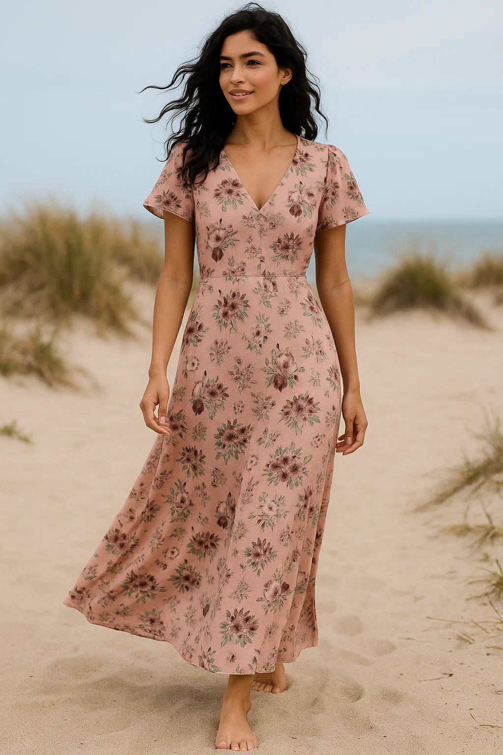 Multi Flower Bunch And Linear Leafs Digital Printed Fabric - Weightless