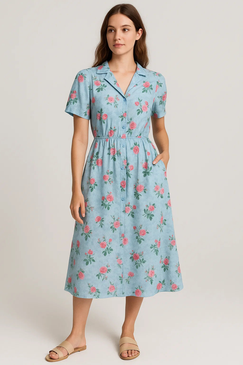 Aspen Green Leaf With Pink Rose Digital Printed Fabric - Weightless