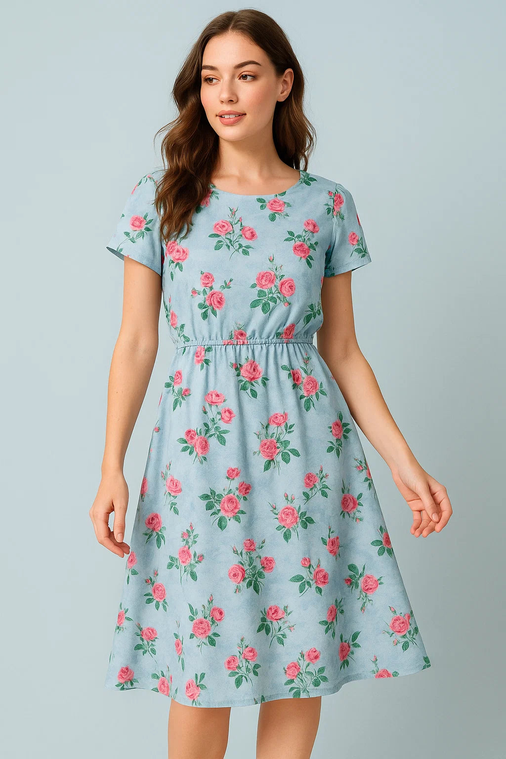 Aspen Green Leaf With Pink Rose Digital Printed Fabric - Weightless