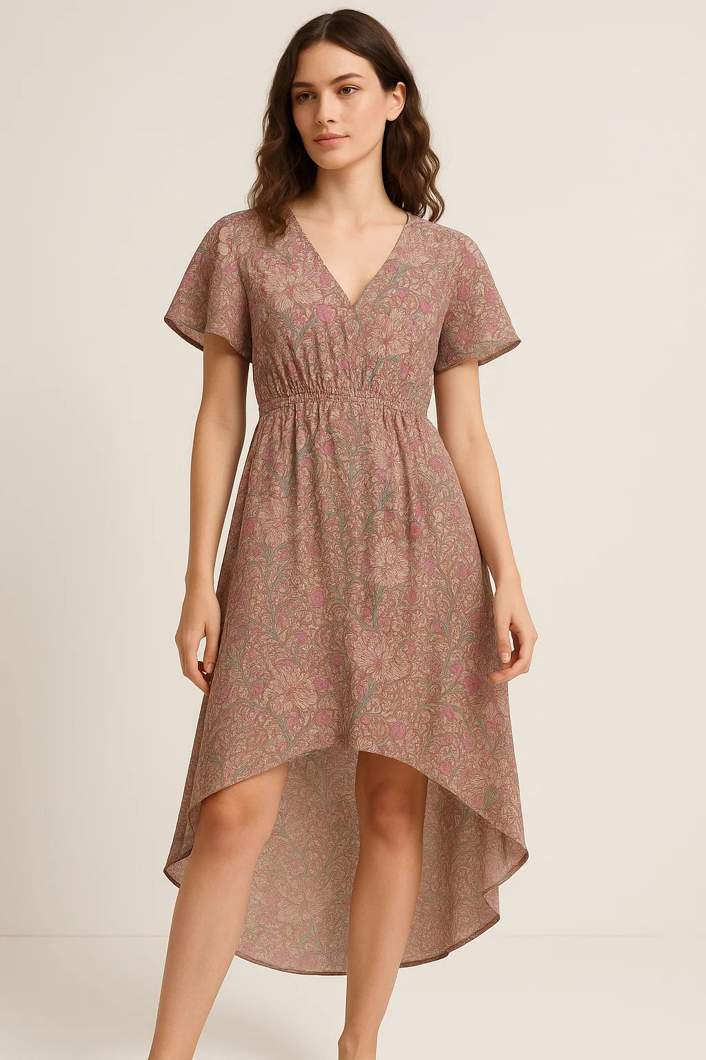 Festive Curve Design Pink Doted Flower Digital Printed Fabric - Weightless