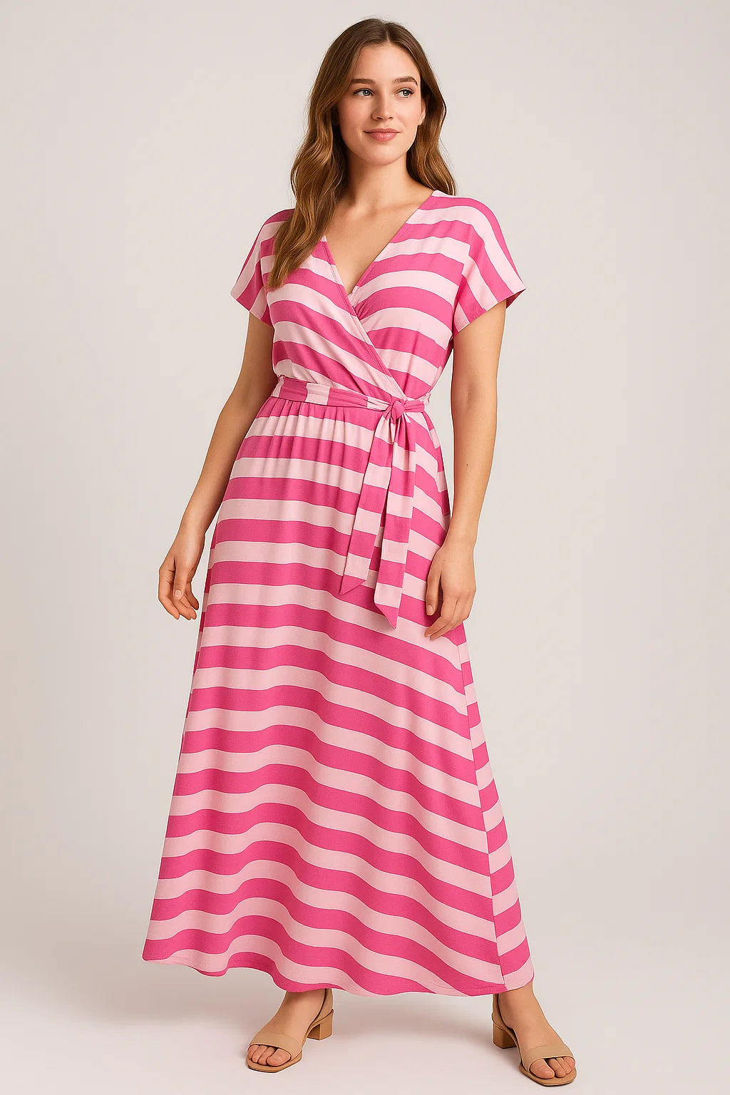 Pink And Offwhite Stripe Combo Digital Printed Fabric  - Weightless