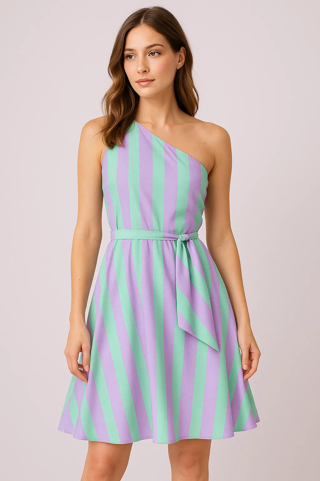 Green And Violet Stripes Digital Printed Fabric  - Weightless