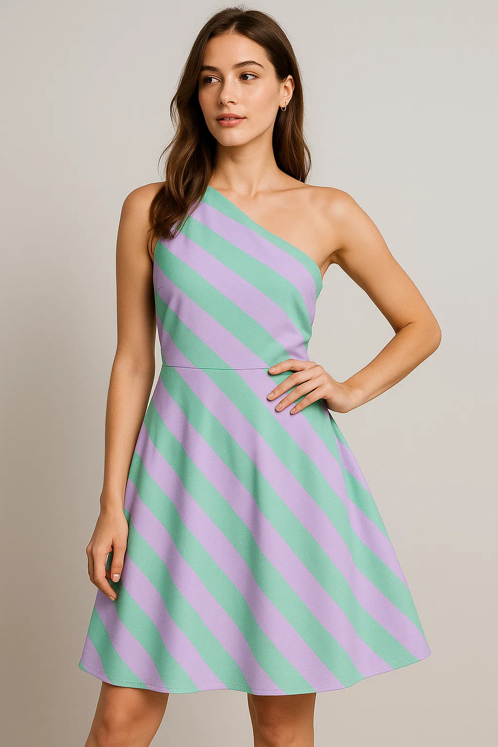 Green And Violet Stripes Digital Printed Fabric  - Weightless