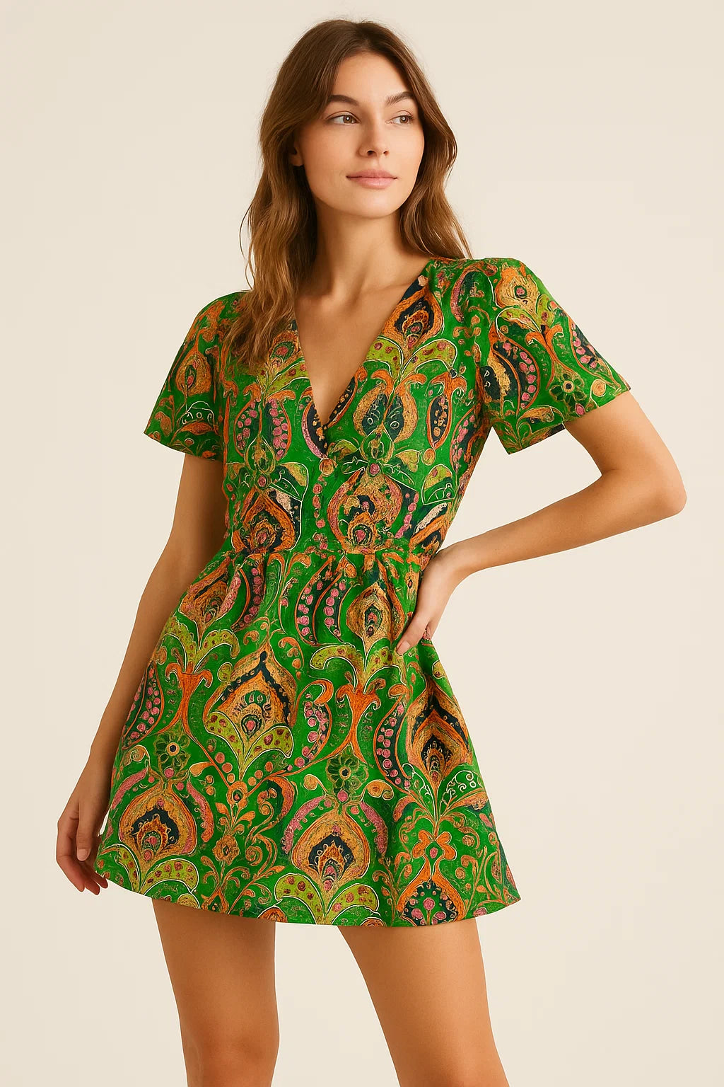 Green Aboriginal Damask Digital Printed Fabric