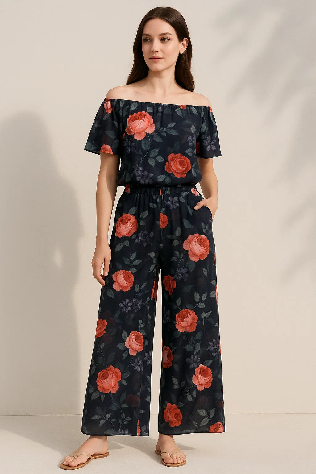 Elegant Floral Over Black Base Digital Printed Fabric