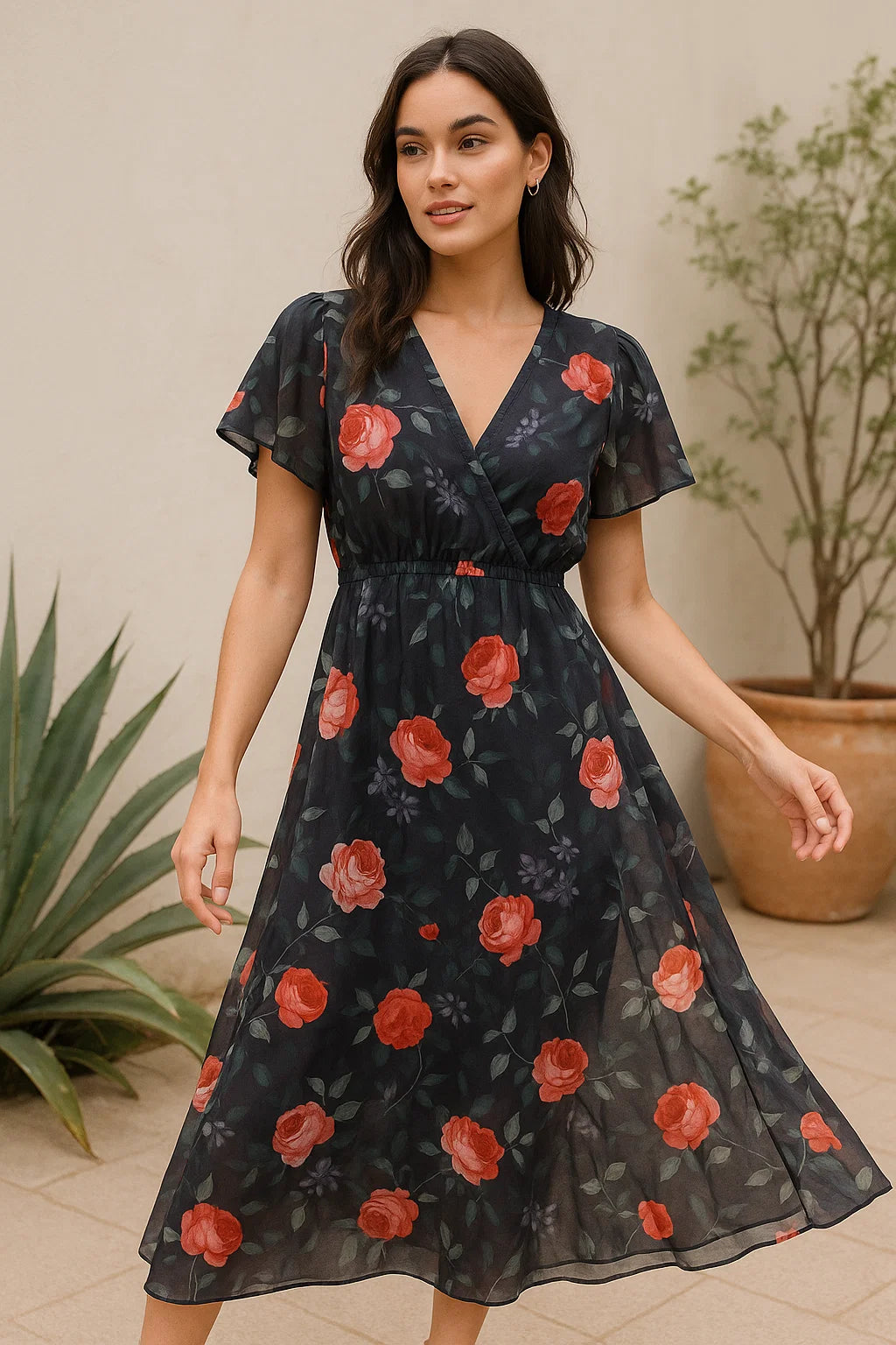 Elegant Floral Over Black Base Digital Printed Fabric