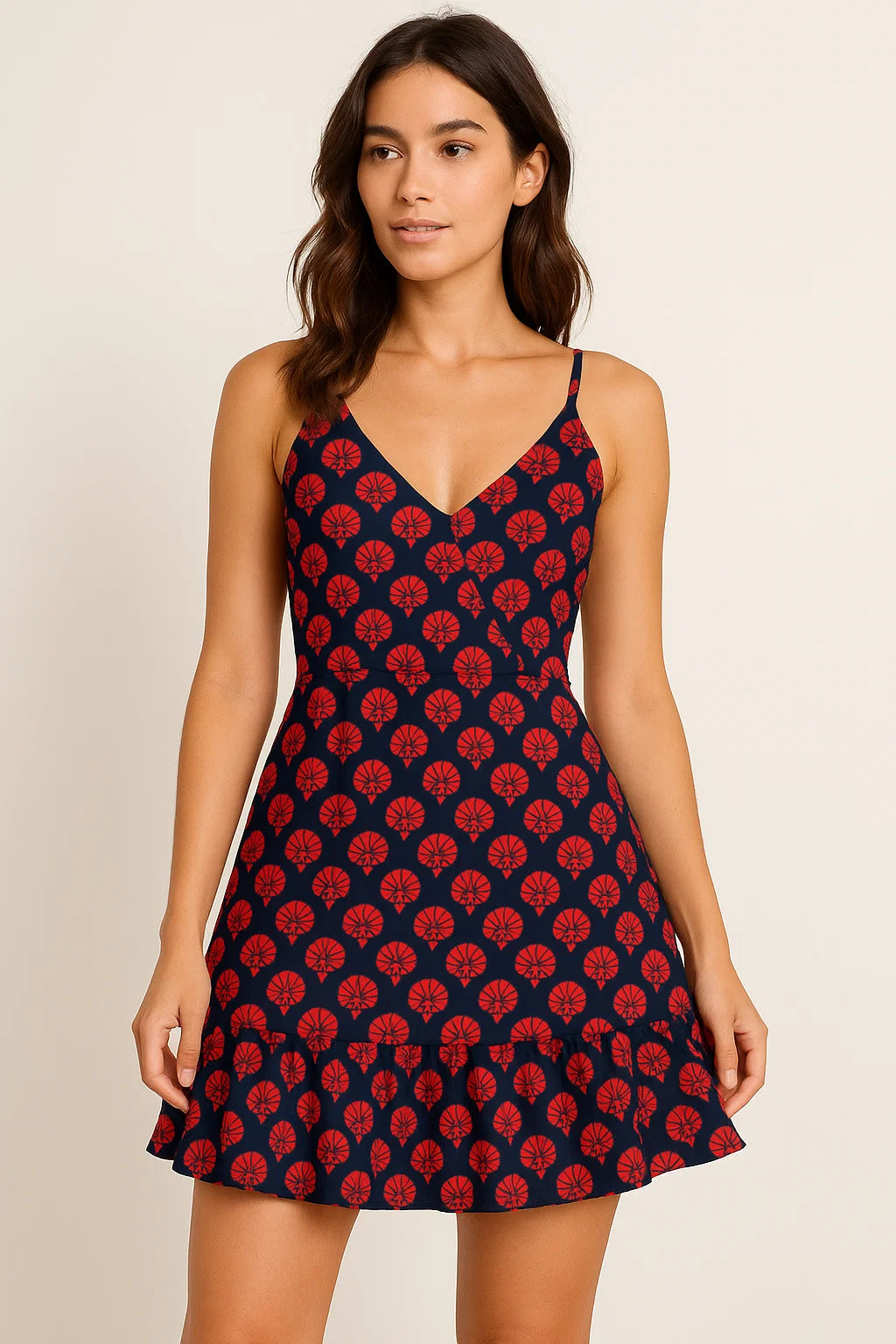 Beautiful Red Floral Over Dark Blue Base Printed Fabric