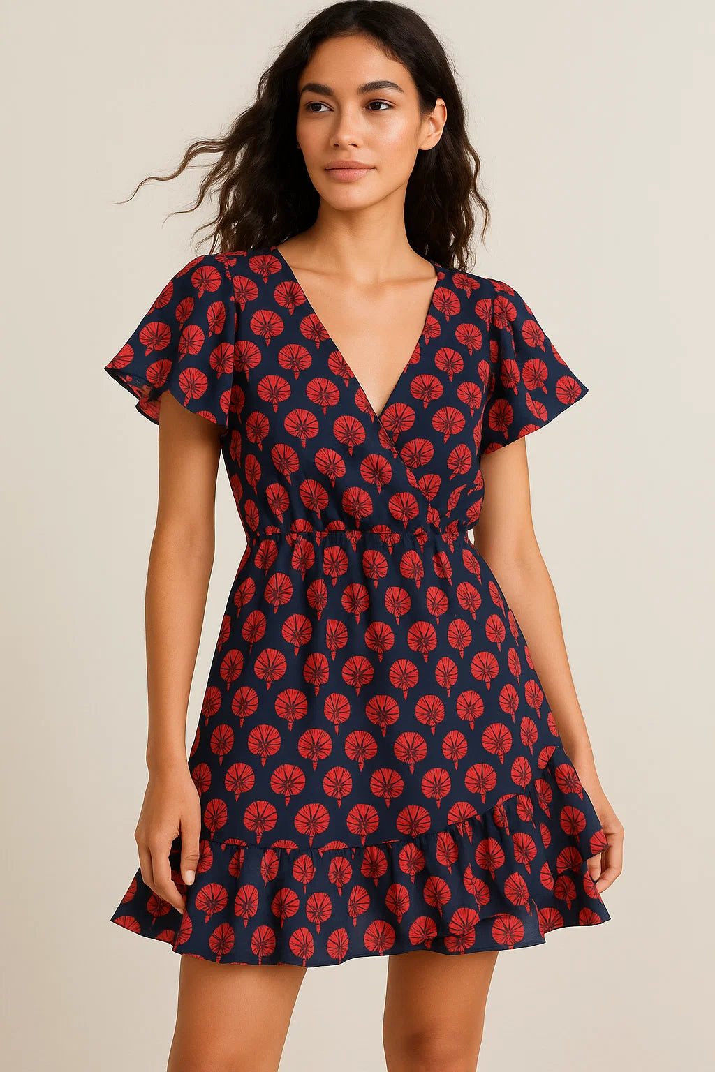 Beautiful Red Floral Over Dark Blue Base Printed Fabric