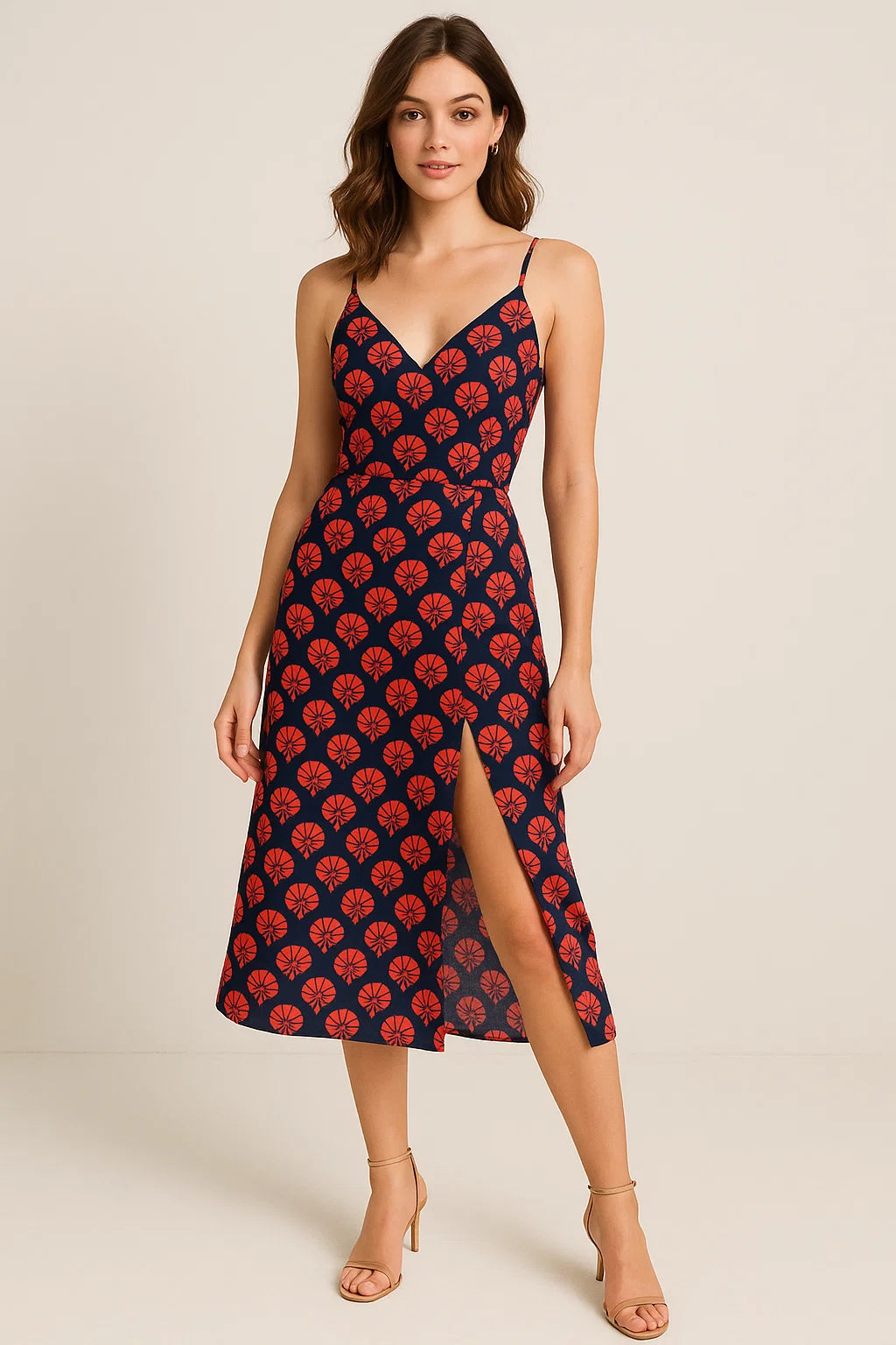 Beautiful Red Floral Over Dark Blue Base Printed Fabric