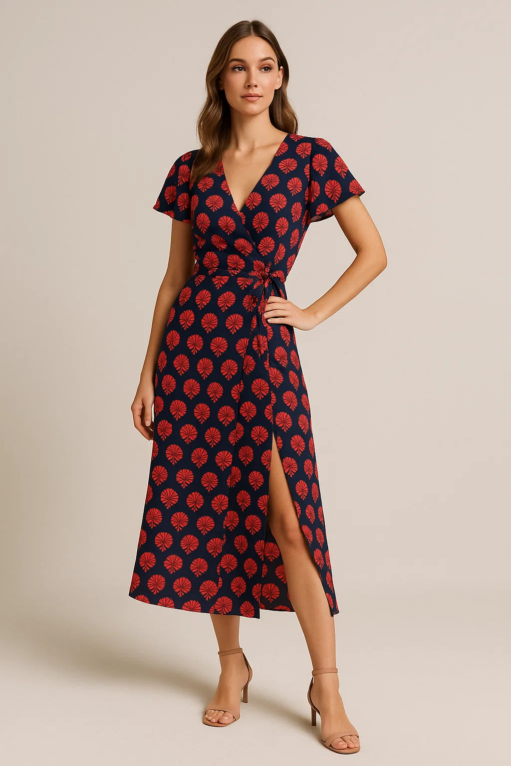 Beautiful Red Floral Over Dark Blue Base Printed Fabric