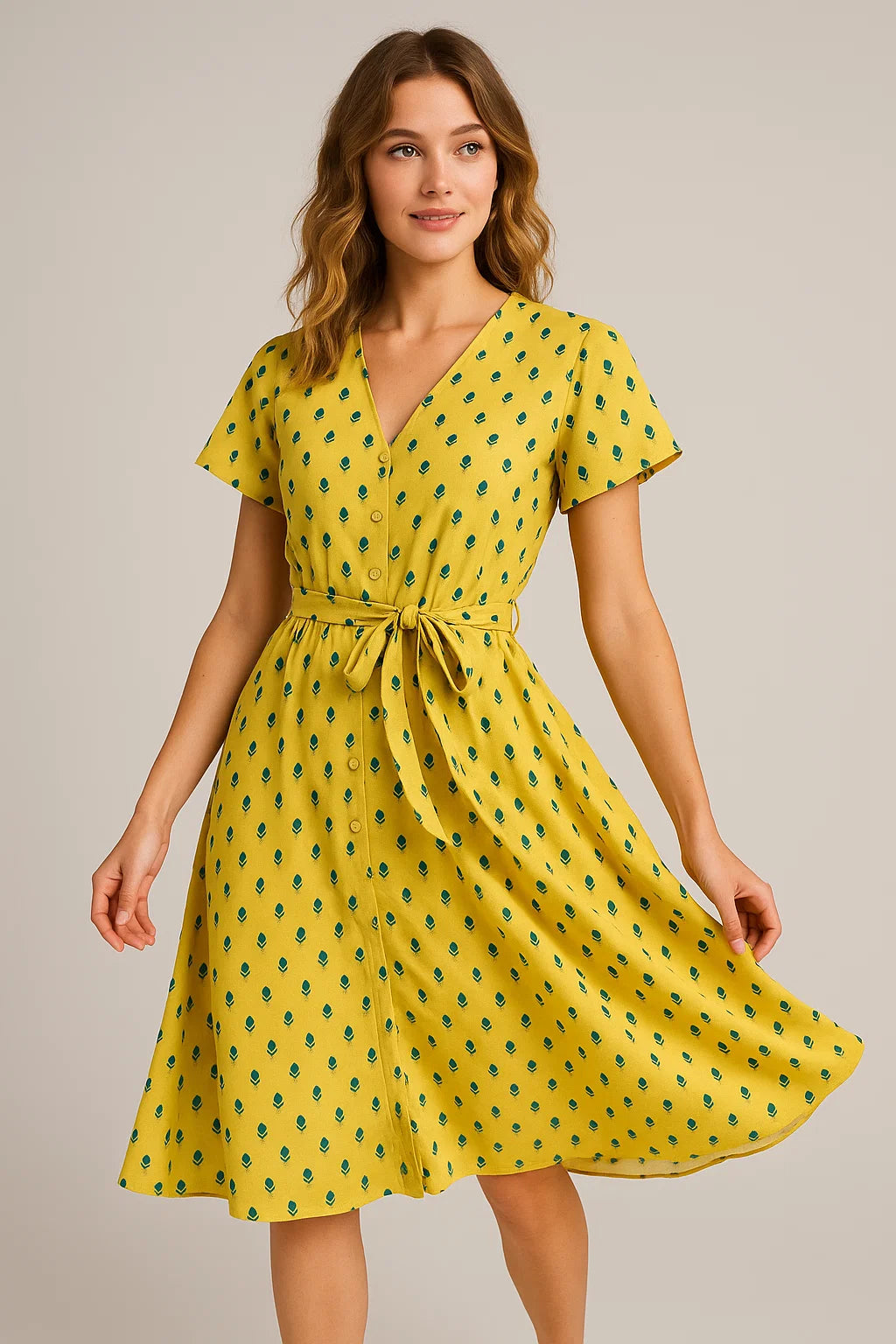 Lemon Yellow Small And Single Motif Allover Digital Printed Fabric - Weightless