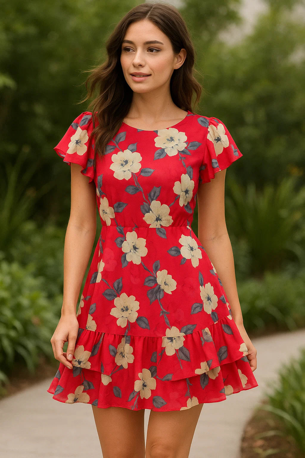 Red And White Flower Digital Printed Fabric - Weightless