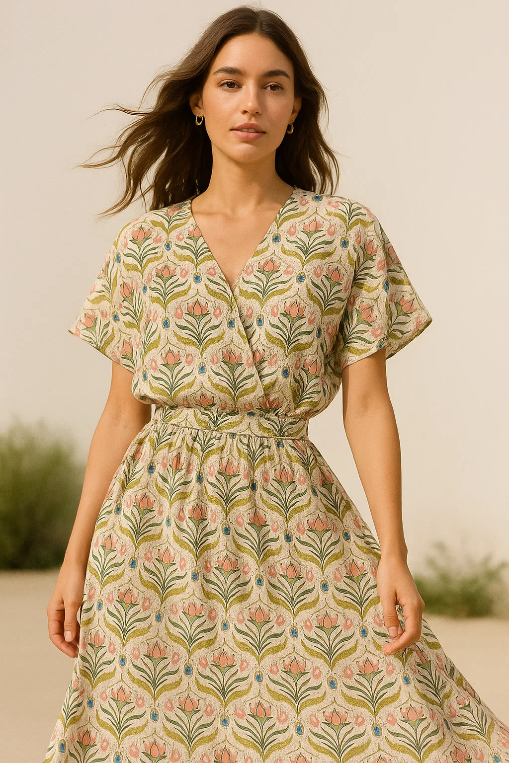 Green Leaves With Flower Digital Printed Fabric