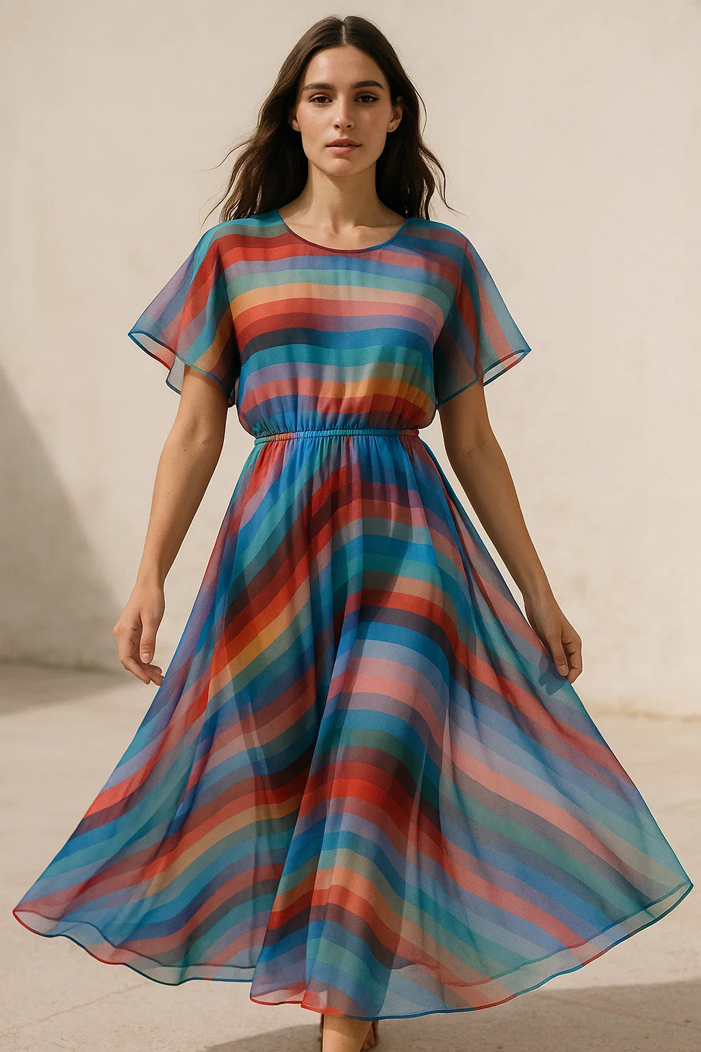 Gorgeous multicolored strips digital printed fabric in pure Georgette