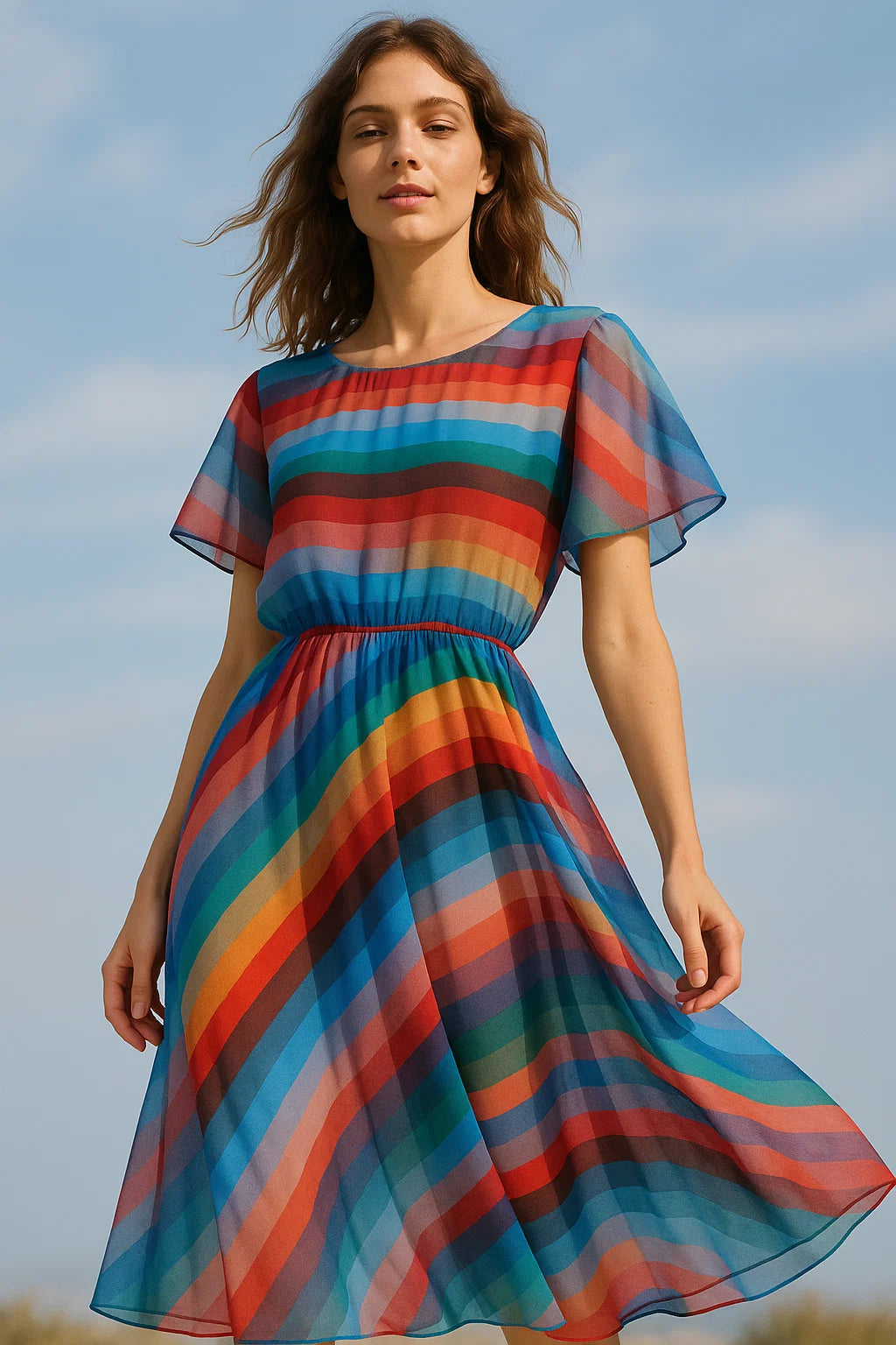 Gorgeous multicolored strips digital printed fabric in pure Georgette