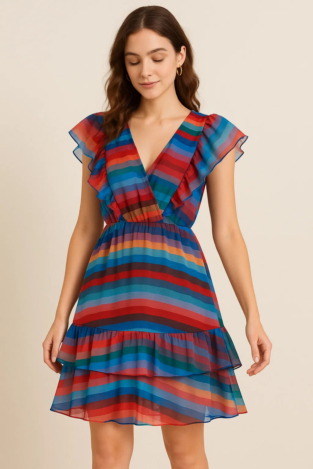 Gorgeous multicolored strips digital printed fabric in pure Georgette