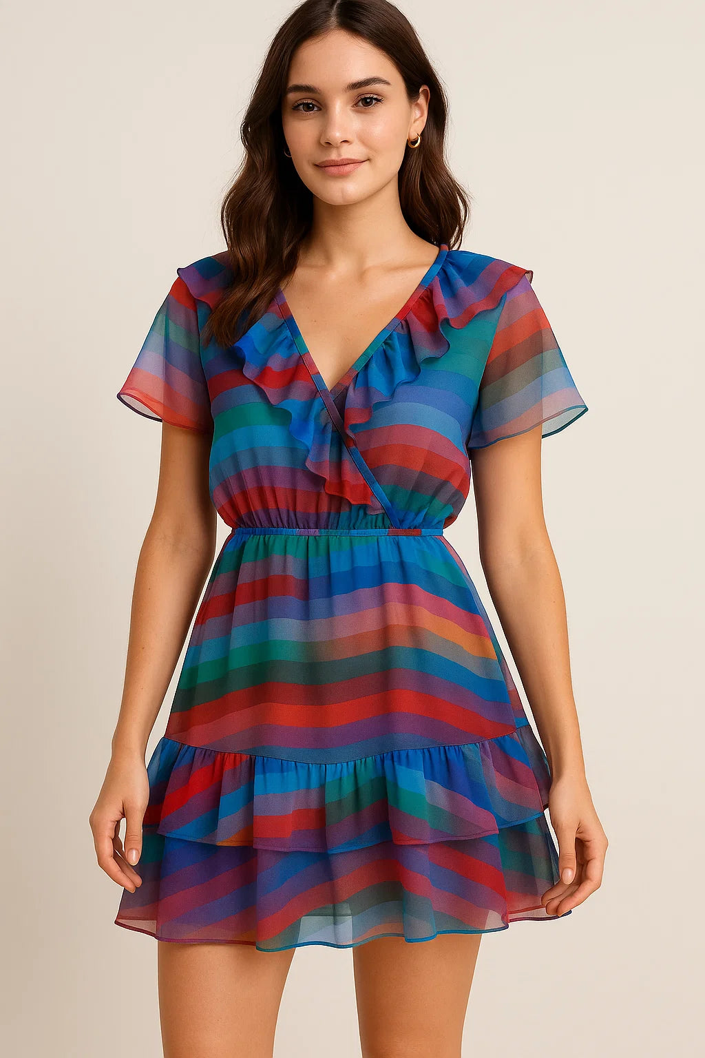 Gorgeous multicolored strips digital printed fabric in pure Georgette