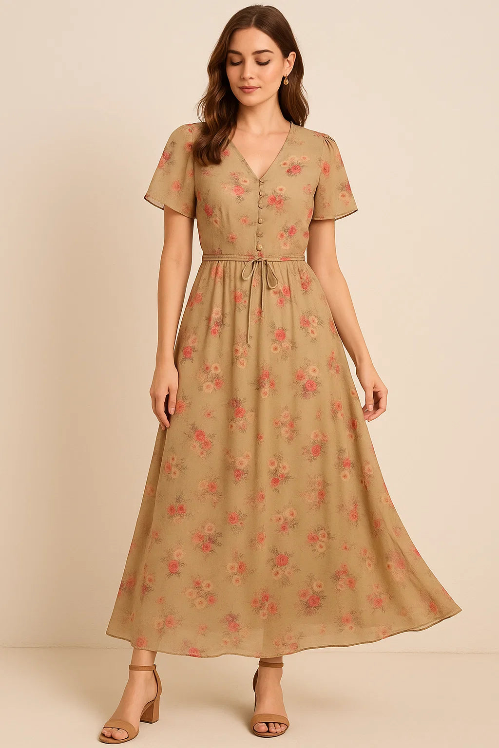 Coffee Floral Printed Pure Georgette Fabric Material