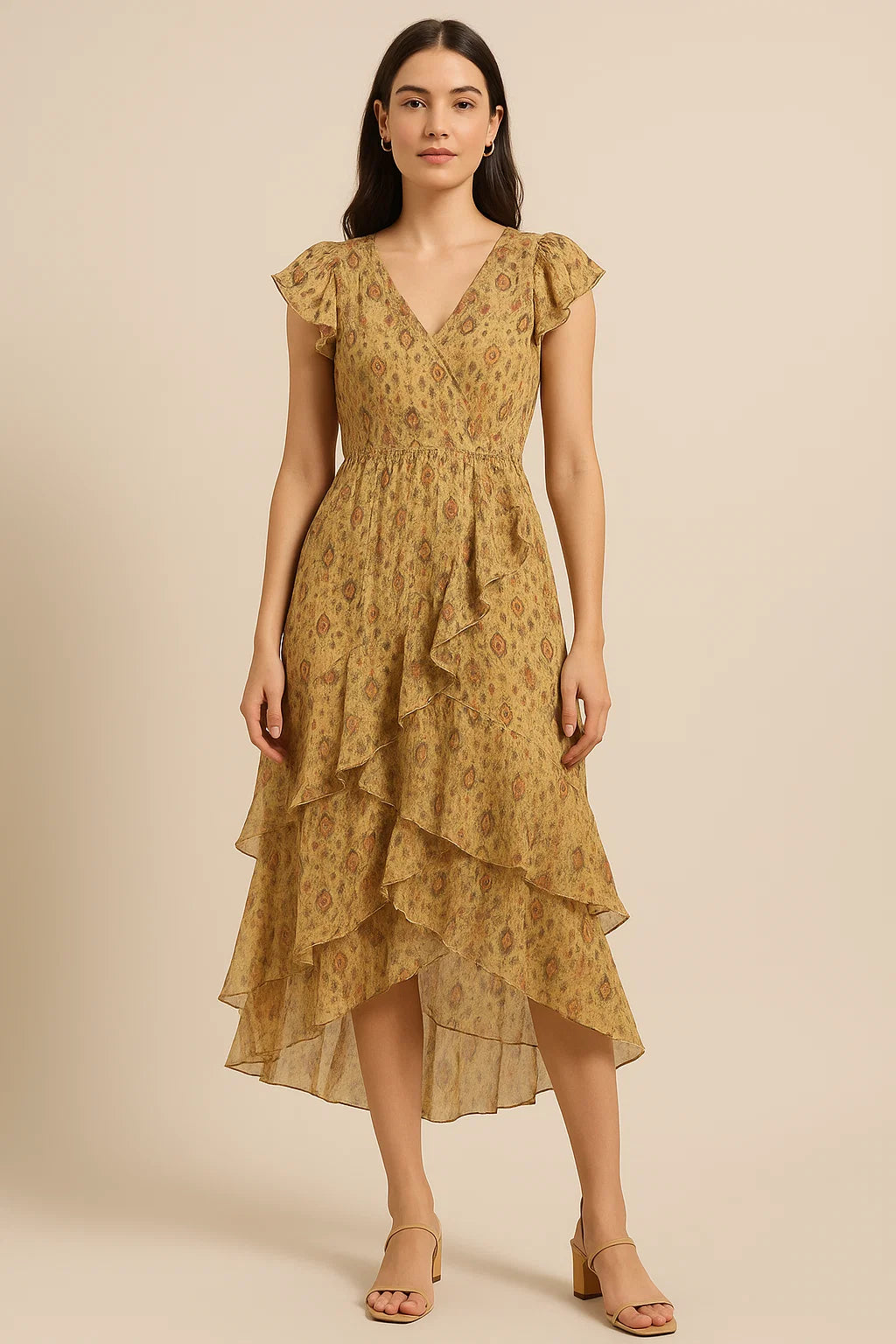 Golden Ikat Pure Georgette Printed Fabric Material