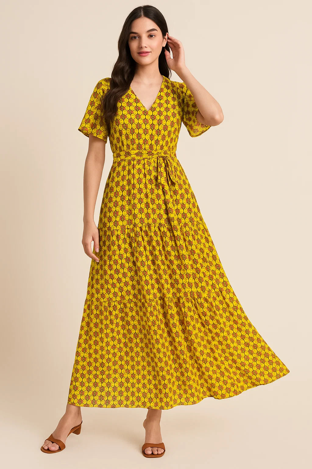 Yellow Retro Pure Georgette Printed Fabric Material