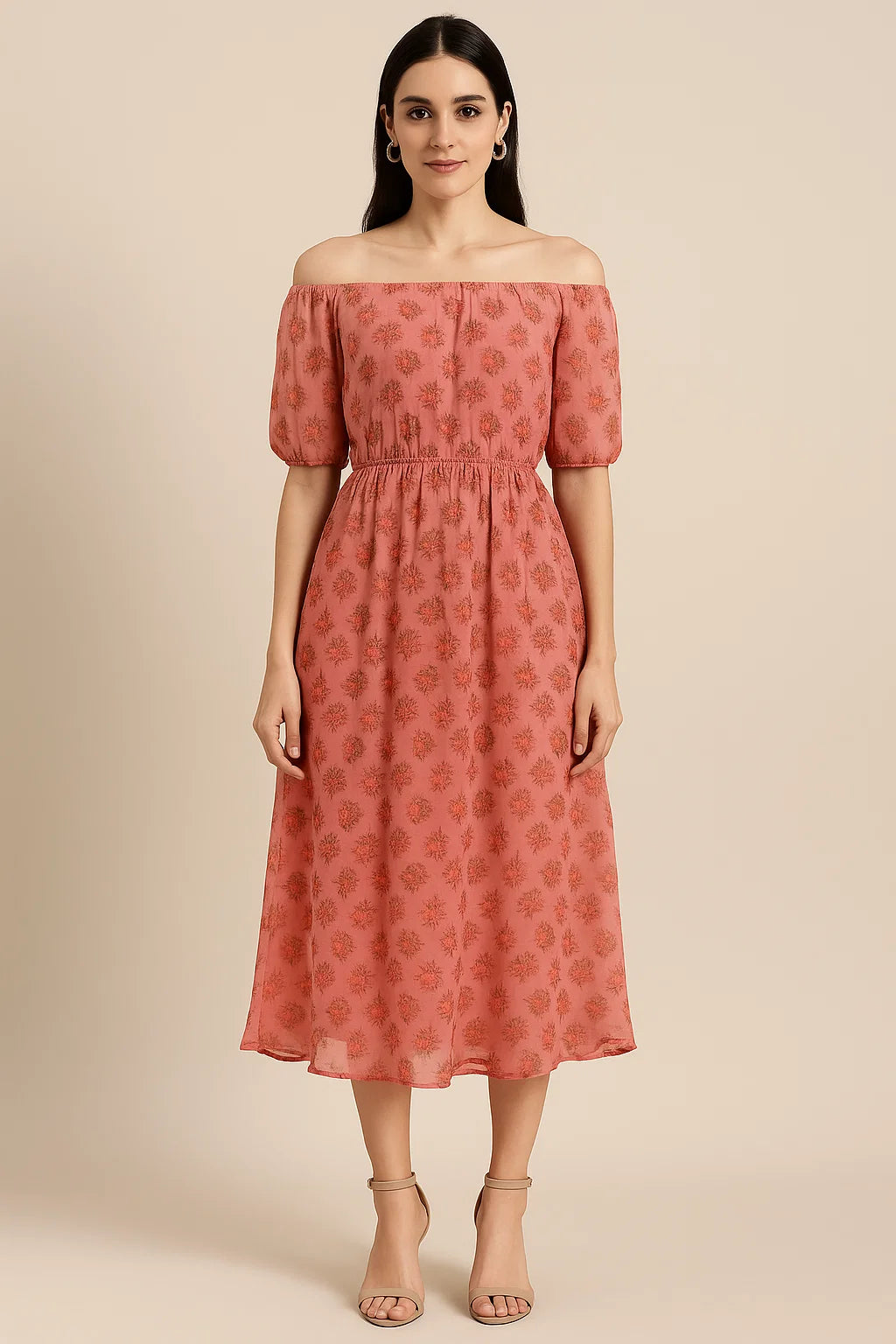 Cool Summer Simple Pink Flower With Leaves Digital Printed Fabric - Pure Georgette